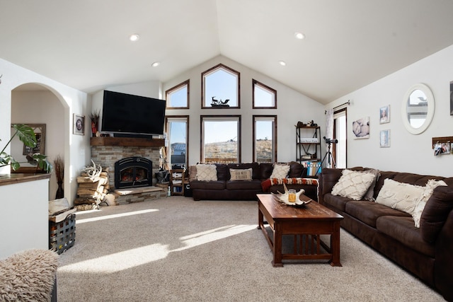 6351 53rd St, Plaza, ND 58771 - carpeted living area featuring lofted ceiling, a fireplace, and recessed lighting