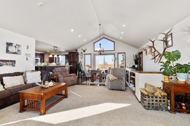 6351 53rd St, Plaza, ND 58771 - living room with a chandelier, light carpet, high vaulted ceiling, and recessed lighting
