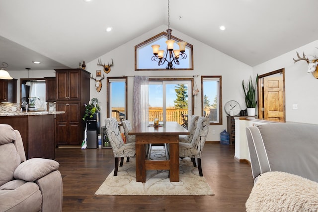 6351 53rd St, Plaza, ND 58771 - dining area featuring a chandelier, vaulted ceiling, dark wood finished floors, and recessed lighting