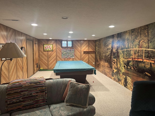 1130 8th St, Minot, ND 58703 - game room featuring billiards, carpet flooring, recessed lighting, and wood walls