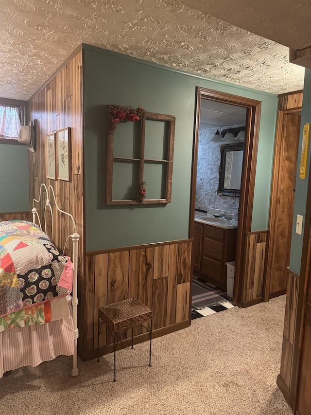 1130 8th St, Minot, ND 58703 - carpeted bedroom with wooden walls, a sink, and wainscoting