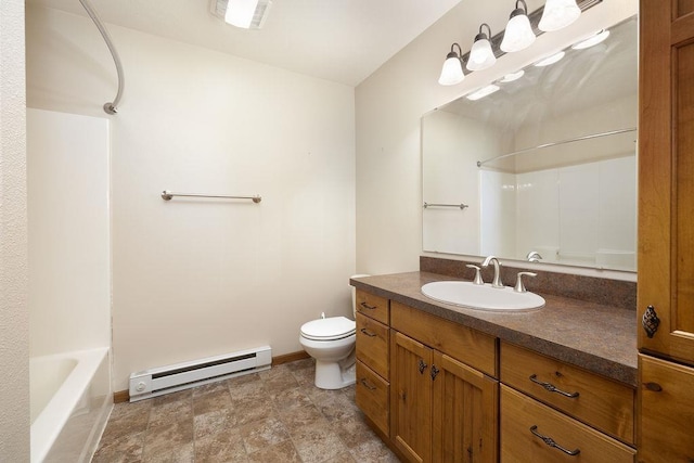 1600 16th St, Minot, ND 58701 - bathroom with a baseboard heating unit, toilet, vanity, tub / shower combination, and baseboards