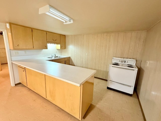 30 1st St, Sawyer, ND 58781 - kitchen featuring electric range, a sink, light flooring, light countertops, and a peninsula