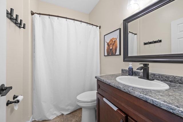 1321 Golden Valley Ln, Minot, ND 58703 - full bathroom with vanity, toilet, tile patterned floors, and a shower with shower curtain