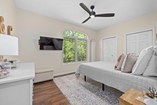 1321 Golden Valley Ln, Minot, ND 58703 - bedroom with dark wood-style floors, a ceiling fan, baseboards, and two closets