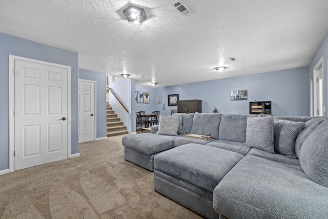 1321 Golden Valley Ln, Minot, ND 58703 - carpeted living area featuring stairway, baseboards, and a textured ceiling