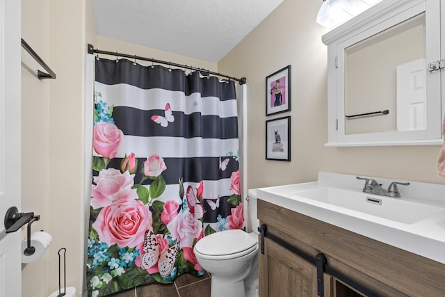 1321 Golden Valley Ln, Minot, ND 58703 - bathroom with toilet, vanity, curtained shower, and a textured ceiling