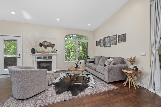 1321 Golden Valley Ln, Minot, ND 58703 - living area with healthy amount of natural light, dark wood finished floors, a fireplace, recessed lighting, and vaulted ceiling
