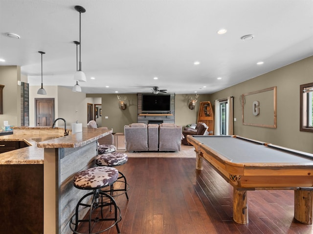 6125 11th Ave, Minot, ND 58701 - recreation room featuring recessed lighting, dark wood-type flooring, a ceiling fan, a sink, and billiards