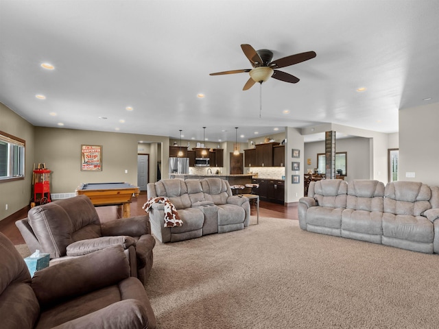 6125 11th Ave, Minot, ND 58701 - living room with recessed lighting, pool table, ceiling fan, and baseboards