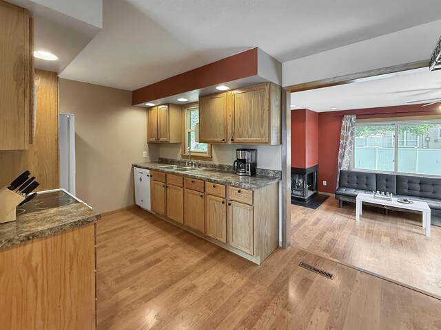 424 26th St, Minot, ND 58703 - kitchen featuring a sink, light wood-style flooring, dishwasher, dark countertops, and healthy amount of natural light