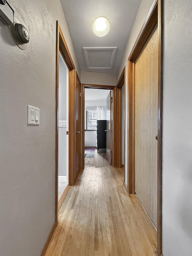 424 26th St, Minot, ND 58703 - corridor featuring light wood-style flooring, attic access, and a textured wall