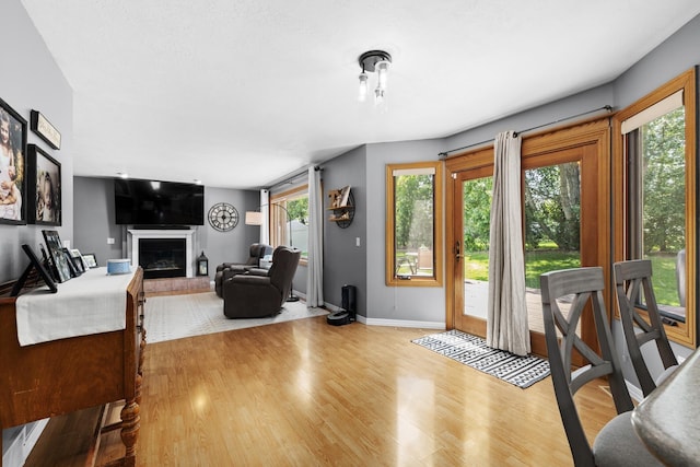3304 12th St, Minot, ND 58701 - living area featuring wood finished floors, plenty of natural light, a glass covered fireplace, and baseboards