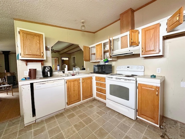 3622 4th Ave, Balfour, ND 58712 - kitchen with white appliances, light countertops, under cabinet range hood, a textured ceiling, and open shelves