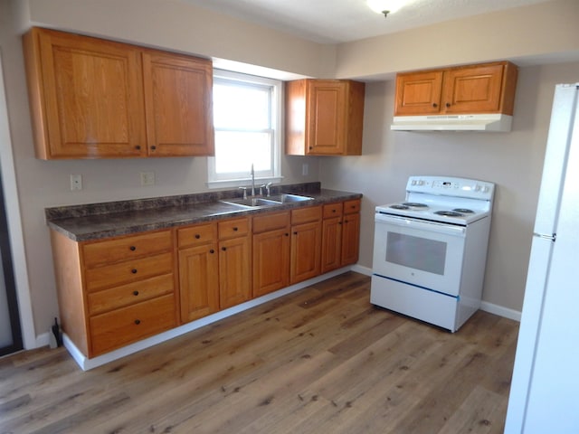 2014 4th St, Minot, ND 58703 - kitchen featuring white appliances, under cabinet range hood, light wood-type flooring, dark countertops, and brown cabinets