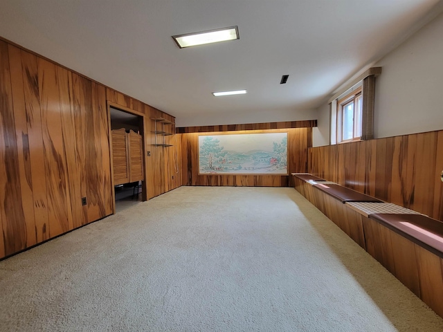 1000 21st St, Minot, ND 58703 - unfurnished living room featuring wooden walls, carpet, and wainscoting