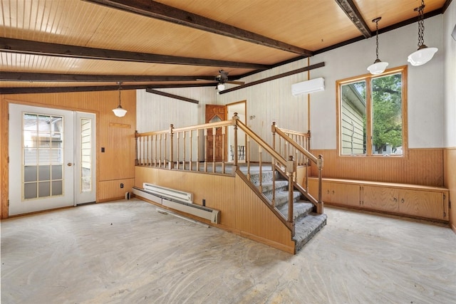 306 2nd St, Towner, ND 58788 - stairway with wooden walls, an AC wall unit, a ceiling fan, unfinished concrete floors, and beamed ceiling