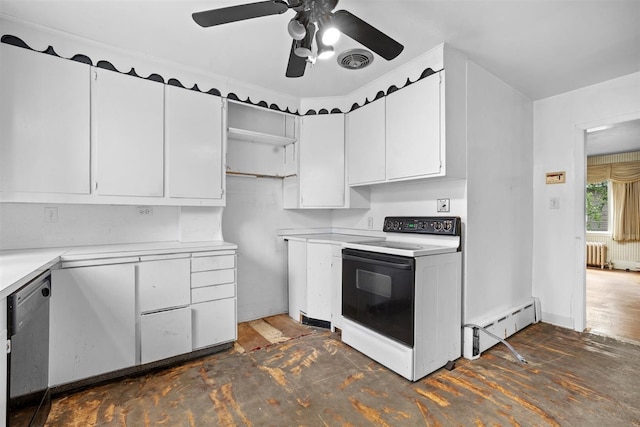 306 2nd St, Towner, ND 58788 - kitchen with range with electric stovetop, radiator heating unit, stainless steel dishwasher, ceiling fan, and light countertops
