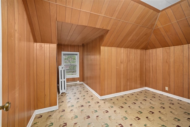 306 2nd St, Towner, ND 58788 - additional living space with wood ceiling, radiator, wood walls, vaulted ceiling, and baseboard heating