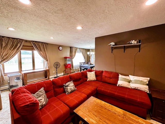3 30th St, Minot, ND 58701 - living room with a textured ceiling, recessed lighting, and a baseboard radiator