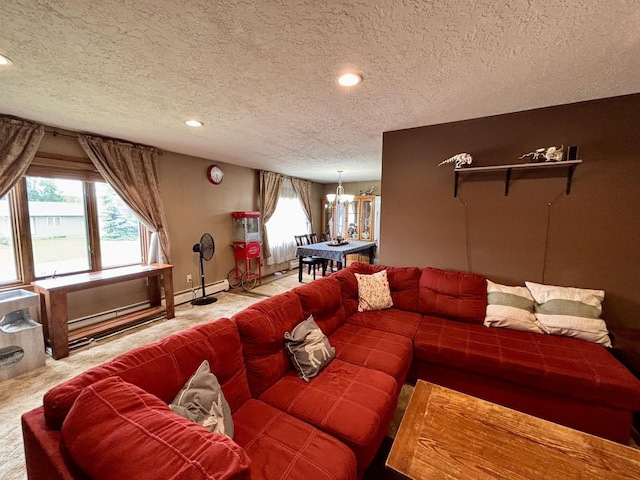 3 30th St, Minot, ND 58701 - living area with a textured ceiling, a chandelier, recessed lighting, carpet floors, and a baseboard radiator