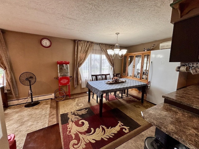 3 30th St, Minot, ND 58701 - dining space with a baseboard radiator, a textured ceiling, a chandelier, and a wall unit AC