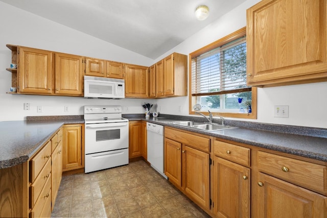 2009 14th St, Minot, ND 58703 - kitchen featuring white appliances, dark countertops, lofted ceiling, open shelves, and brown cabinets