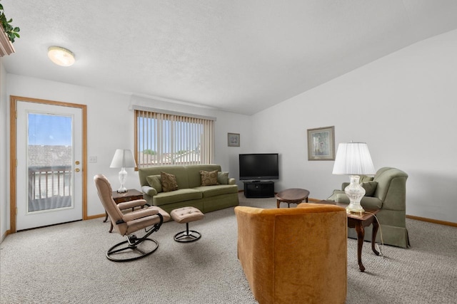 2009 14th St, Minot, ND 58703 - carpeted living area with vaulted ceiling and a textured ceiling