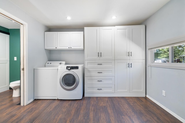 211 W 3rd St, Velva, ND 58790 - laundry room featuring cabinet space, washing machine and clothes dryer, dark wood-type flooring, and recessed lighting
