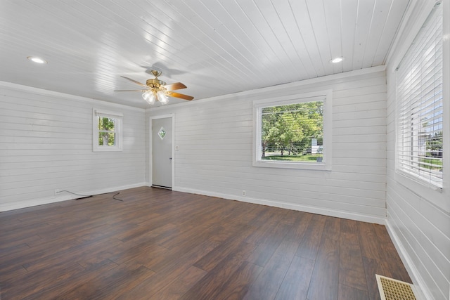 211 W 3rd St, Velva, ND 58790 - unfurnished room featuring plenty of natural light, dark wood-style floors, ceiling fan, wooden walls, and recessed lighting