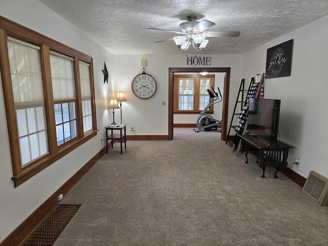 209 University Ave, Minot, ND 58703 - sitting room featuring ceiling fan, carpet floors, and a textured ceiling