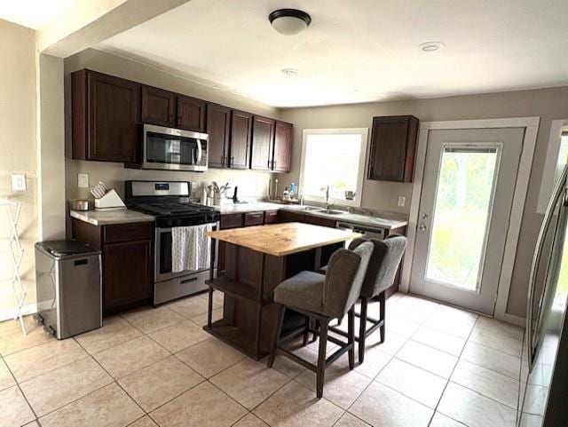 724 Burdick Expy, Minot, ND 58701 - kitchen featuring stainless steel appliances, dark brown cabinets, plenty of natural light, and light tile patterned flooring