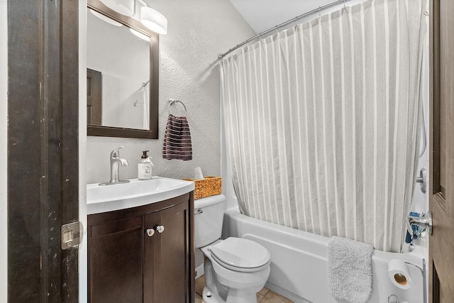 120 25th St, Minot, ND 58701 - full bath with vanity, shower / bath combo with shower curtain, and a textured wall