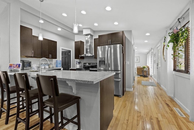 120 25th St, Minot, ND 58701 - kitchen featuring appliances with stainless steel finishes, wall chimney exhaust hood, dark brown cabinets, a peninsula, and a kitchen breakfast bar