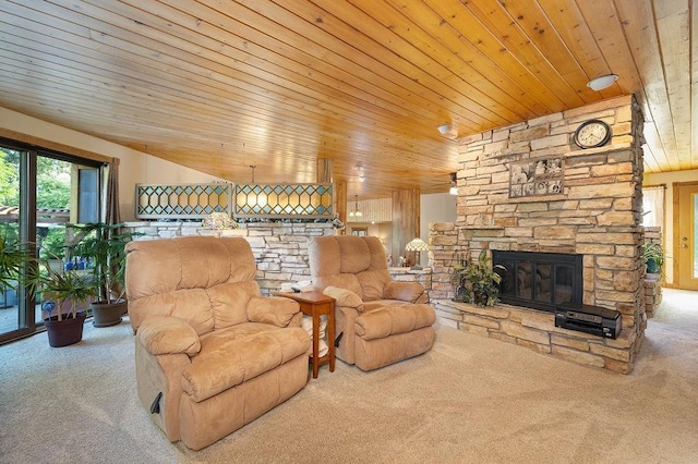 309 4th Ave, Mohall, ND 58761 - living area featuring carpet flooring, wooden ceiling, and a stone fireplace