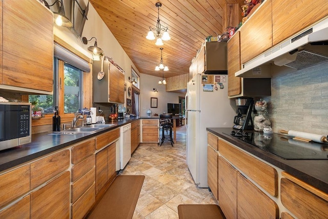 309 4th Ave, Mohall, ND 58761 - kitchen featuring white appliances, under cabinet range hood, dark countertops, tasteful backsplash, and wood ceiling