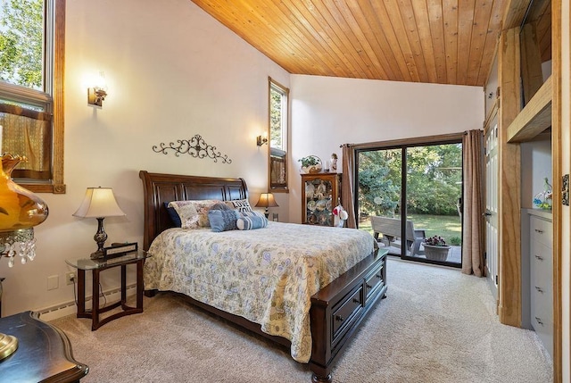 309 4th Ave, Mohall, ND 58761 - carpeted bedroom with access to exterior, wooden ceiling, vaulted ceiling, and a baseboard radiator