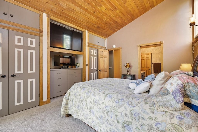 309 4th Ave, Mohall, ND 58761 - bedroom featuring light colored carpet, wood ceiling, and high vaulted ceiling