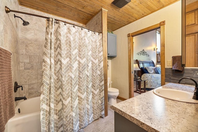 309 4th Ave, Mohall, ND 58761 - ensuite bathroom featuring wooden ceiling, vanity, and shower / bath combination with curtain