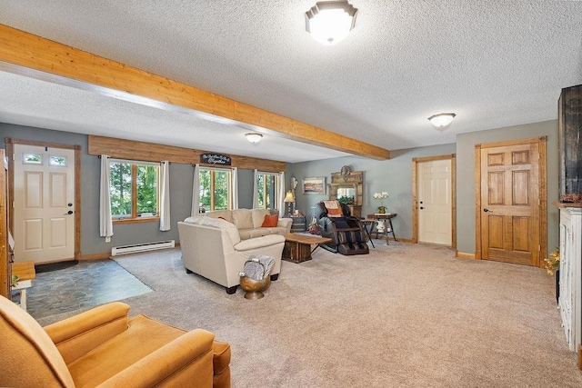 309 4th Ave, Mohall, ND 58761 - carpeted living area with a baseboard radiator, a textured ceiling, and beamed ceiling