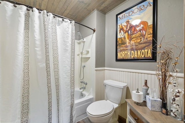 309 4th Ave, Mohall, ND 58761 - bathroom featuring shower / bath combo, a wainscoted wall, wood ceiling, and vanity
