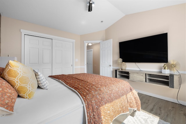4007 Crossing St, Minot, ND 58701 - bedroom featuring wood finished floors, a closet, and lofted ceiling