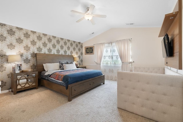 4007 Crossing St, Minot, ND 58701 - bedroom with lofted ceiling, wallpapered walls, and ceiling fan