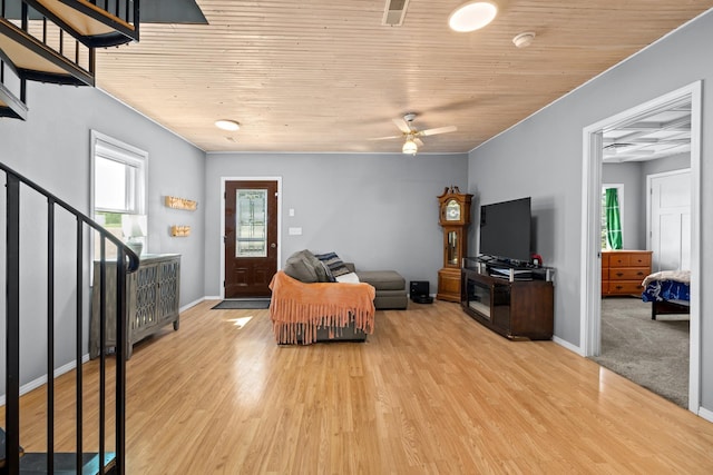 4610 12d St NW, Garrison, ND 58540 - living room with healthy amount of natural light, wood ceiling, ceiling fan, light wood finished floors, and stairs