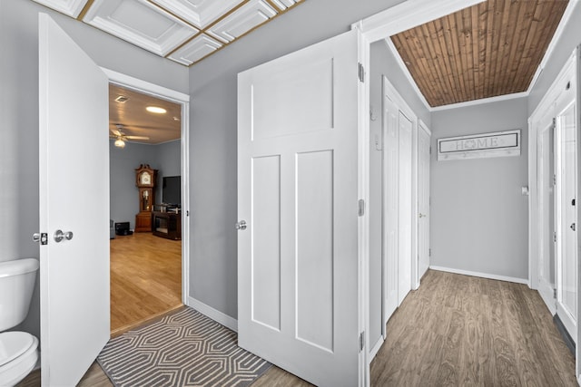 4610 12d St NW, Garrison, ND 58540 - hallway featuring crown molding, recessed lighting, wood finished floors, and wood ceiling
