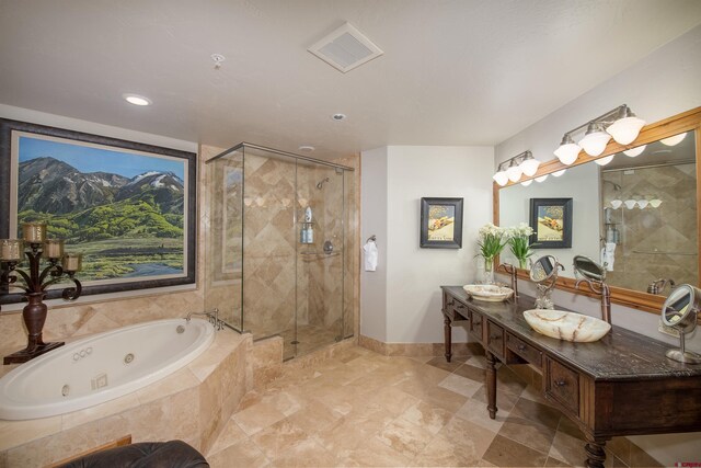 bathroom with dual vanity, plus walk in shower, tile floors, and a mountain view