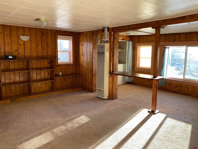 unfurnished room featuring wooden walls and light colored carpet