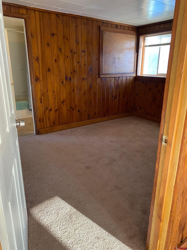 carpeted spare room with wood walls