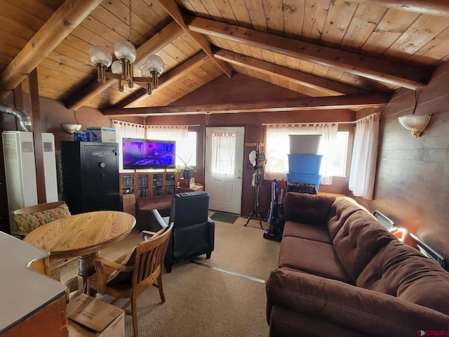 carpeted living room with wooden ceiling and vaulted ceiling with beams