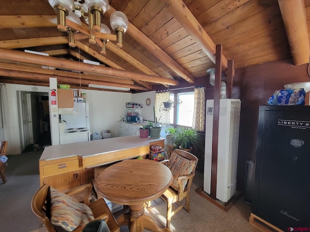 carpeted dining space featuring vaulted ceiling with beams and wood ceiling